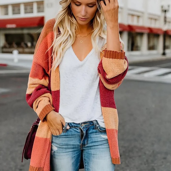 Autumn Colorblock boho Stripes Knit Open Front Cardigan Casual stripes - Picture 11 of 13